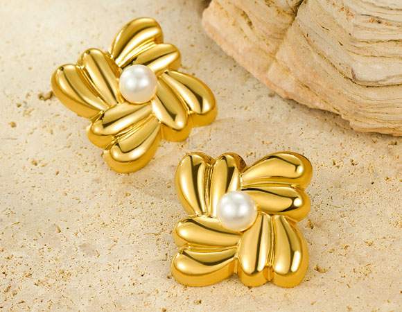 饰品加工几何方形镶珍珠耳环