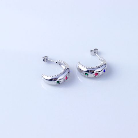 不锈钢月亮形镶锆石金色耳钉首饰厂