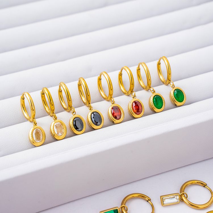 饰品加工不锈钢祖母绿锆石耳环金色