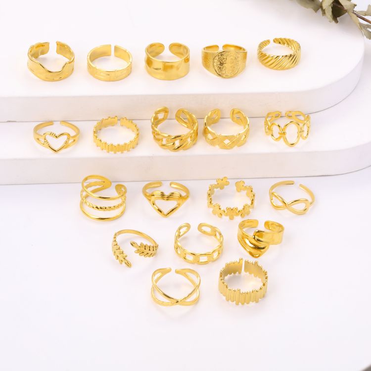 不锈钢开口可调节铸造件镀18K金花纹戒指