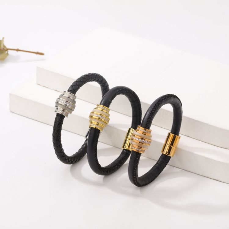 饰品厂家不锈钢镶钻编织皮革磁性男女款手镯