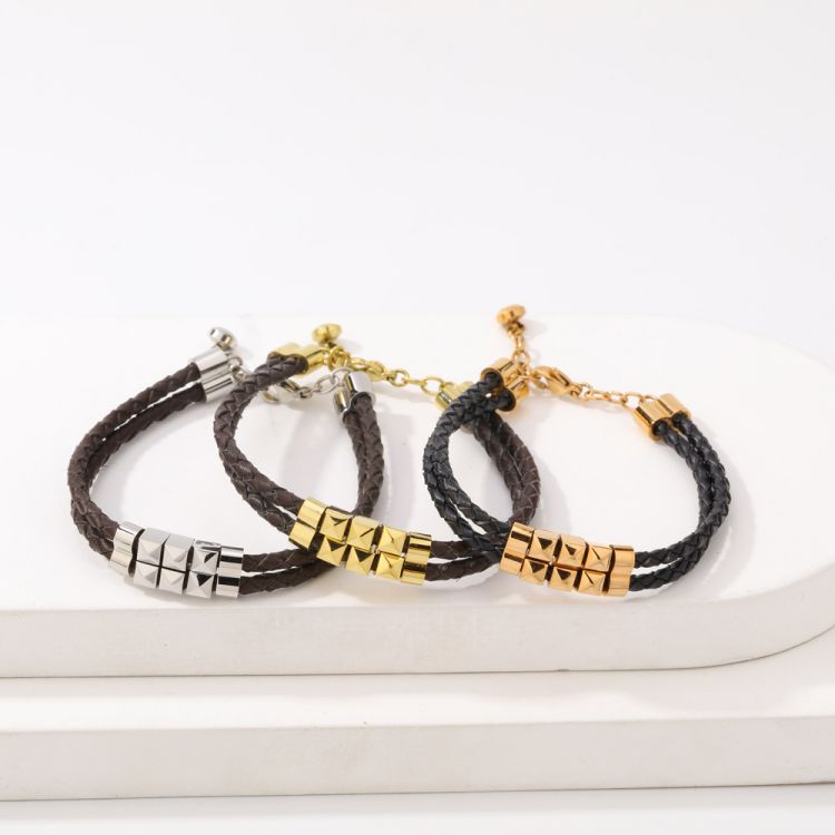 双层细编织黑色皮革不锈钢真皮手镯饰品加工