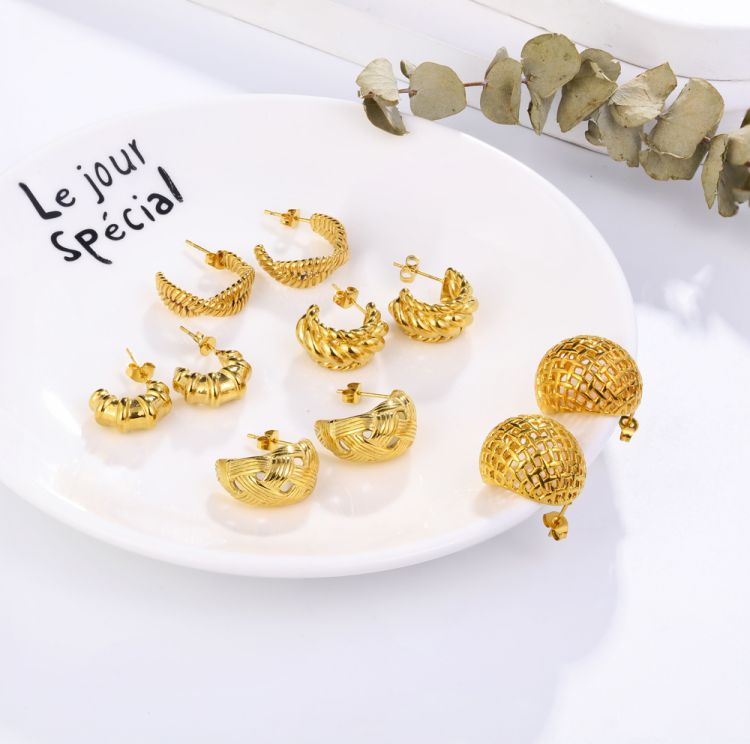 饰品加工肌理纹耳环螺纹镀金不锈钢铸造耳环