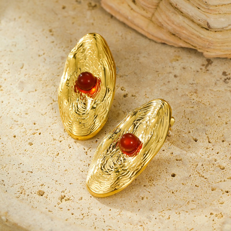 首饰厂橄榄球状树纹钢耳环镀金