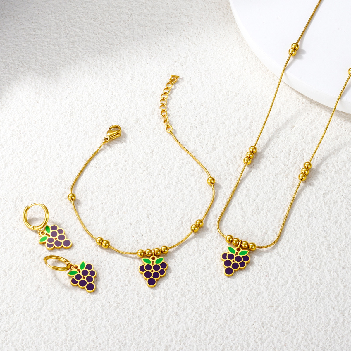 时尚彩色镀金紫色葡萄项链耳环套装