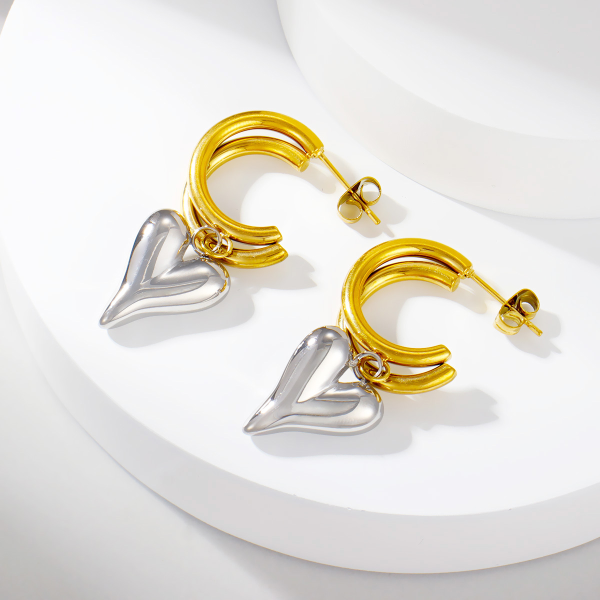 18K镀金不锈钢心形圈形耳环