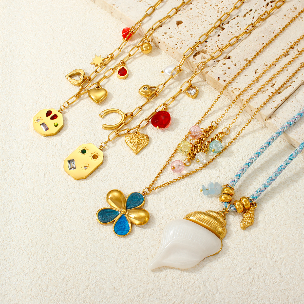 18K镀金海洋项链，防水不锈钢海星贝壳吊坠